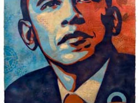 Collage portrait of President Obama, with the word "Hope" on the bottom in big letters