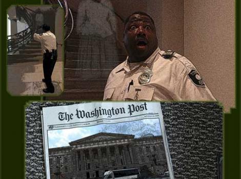 Photoshopped image of museum security guard with Washington Post newspaper and a ghost in the background