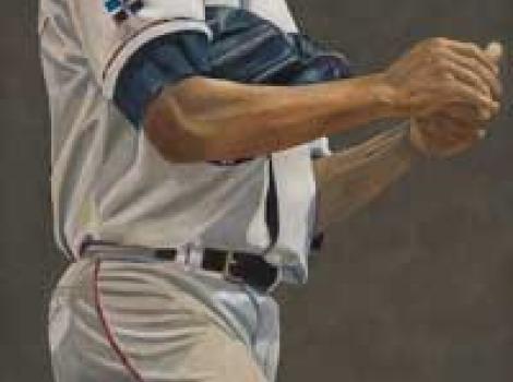 Painted portrait of Pedro Martinez, in uniform, standing at pitcher's mound