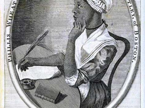 Printed engraving of Phillis Wheatley, seated at a desk writing with quill on parchment, from left.