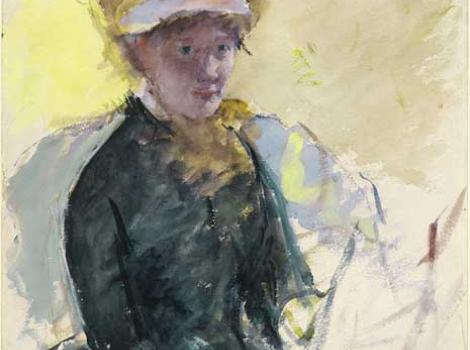 Painted self-portrait of Mary Cassatt from the waist up, wearing a dark colored dress.