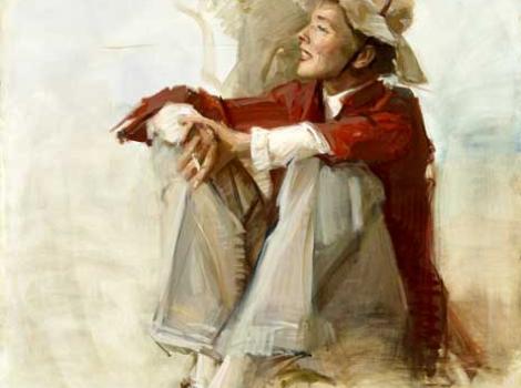 Painting of Katharine Hepburn againsta  neutral background, seated, smiling, wearing a hat