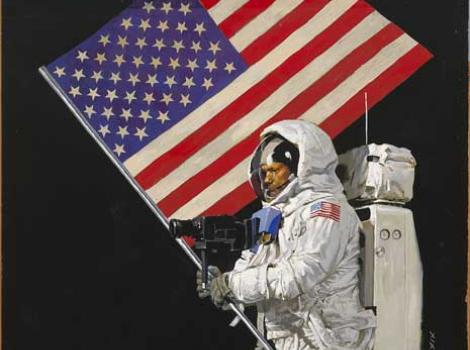 Painting of Neil Armstrong in his astronaut uniform, on the moon, holding a USA flag and camera.