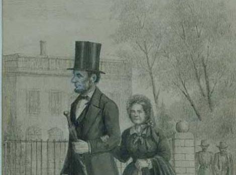 Ink and paint artwork of Abraham and Mary Todd Lincoln, dressed formally, walking on a street outside the White House.
