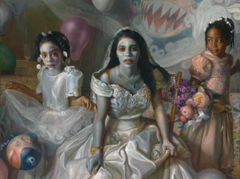 Painted portrait of three young African American girls in white dresses, two of the girls with white paint on their faces