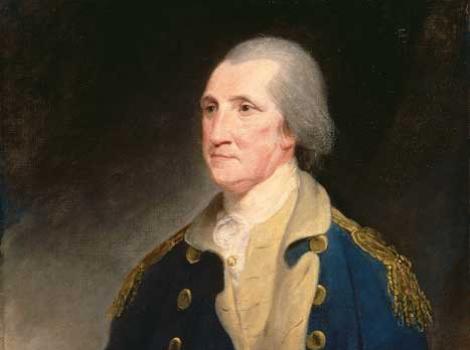 Painted portrait of George Washington in blue military uniform