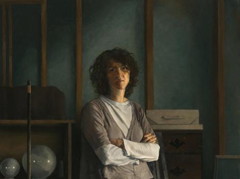Full-body painting of a woman standing in an unfinished basement near a tool shelf and a step ladder