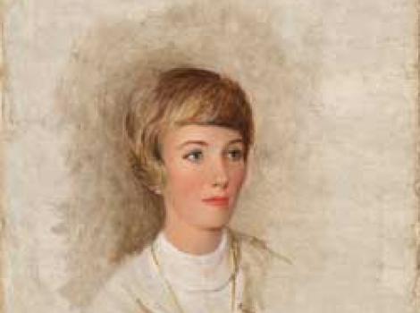 Painting of Julie Andrews from the shoulders up, with short hair, wearing a white sweater, framed in a neutral background.