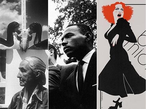 Three portraits: Georgia O' Keefe portrait, James Meredith portrait, and Bette Midler poster 
