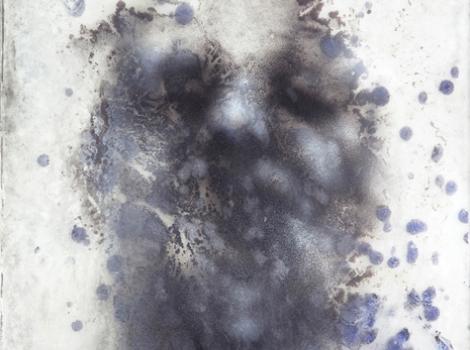 Painted portrait of blurry face under purple blotches 