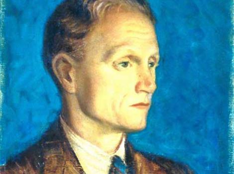 Painted portrait of Robert Penn Warren, with bright blue background