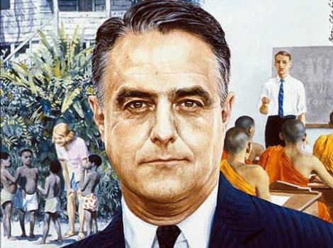 Painted portrait of Sargent Shriver, scenes of Westerners teaching in the developing world, in background