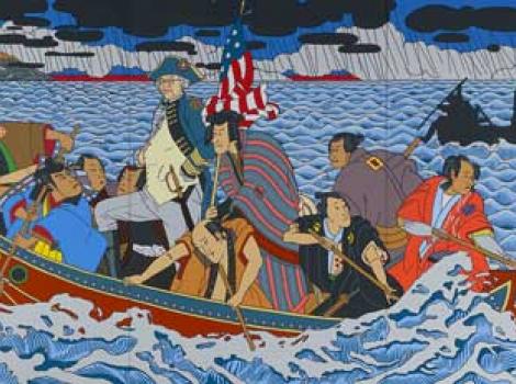 Painting in Japanese style showing boat crossing river, all the passengers are Asian and one (Shimimora) is dressed as George Washington