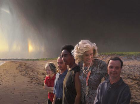 Portrait of Eunice Kennedy Shriver, on beach, with five children with intellectual disabilities