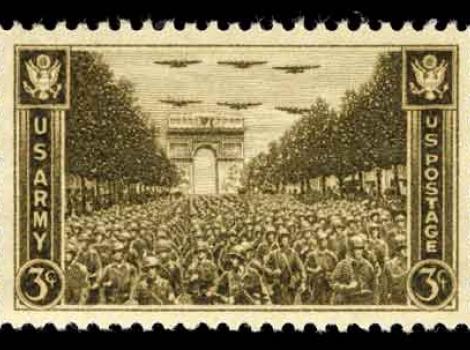 3 cent stamp reading US Army down each side, and showing soldiers at Arc de Triomphe  in Paris