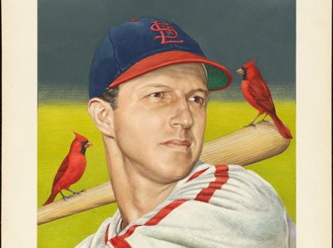 Painted portrait of Stan Musial, in uniform, with two cardinal perching on his bat 