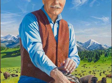 Painted portrait of Ted Turner on a horse in the Rocky Mountains