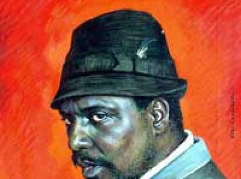 Painted portrait of Thelonious Monk, with red background, wearing hat