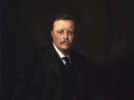 Painted portrait of Theordore Roosevelt holding a sword on his lap