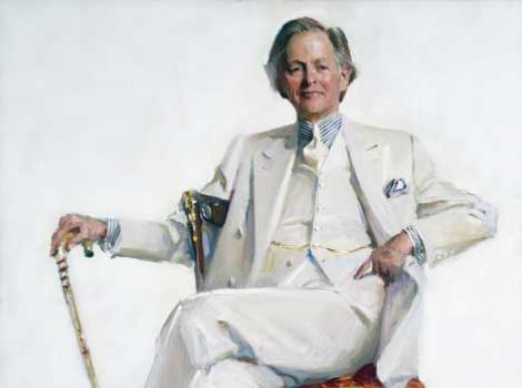 Painted portrait of Tom Wolfe, sitting in chair, wearing white suit and holding a cane
