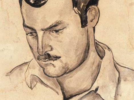 Drawing of younger Ernest Hemingway, looking downward