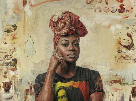 Painting of a woman with a head wrap looking straight ahead