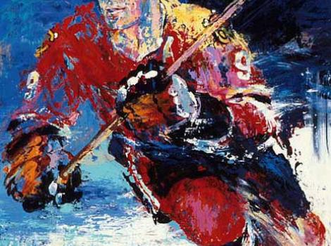 Painted portrait of Bobby Hull, skating with hockey stick