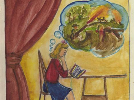 A drawing of a young girl reading a book and imagining a battle in a thought bubble