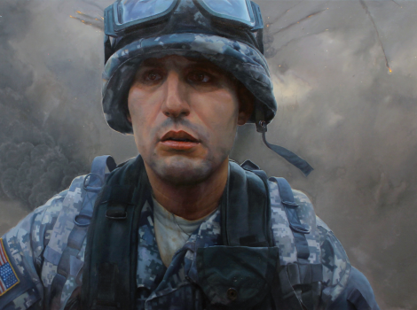 Painting of a soldier running away from an explosion in an American military uniform