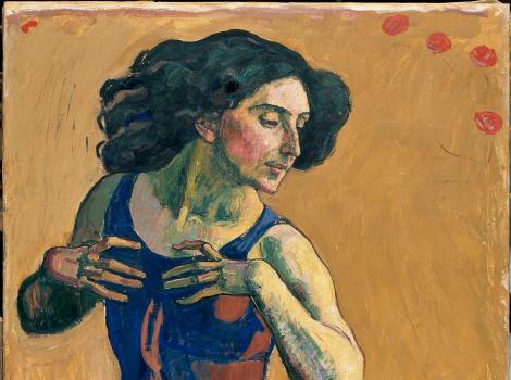 Painting of a woman dancing against a brightly colored background