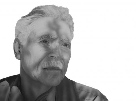 Black and white drawing of bust of man looking out past the viewer