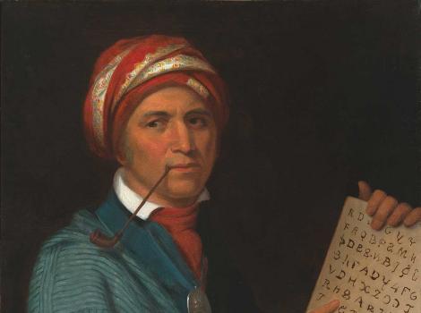 Painting of a seated man pointing at a book
