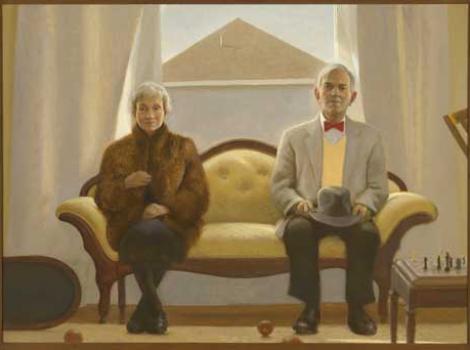 Painting of an elderly man and woman seated side-by-side on a yellow couch.