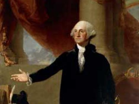 Full-length portrait of a man in a black suit with his right arm outstretched 