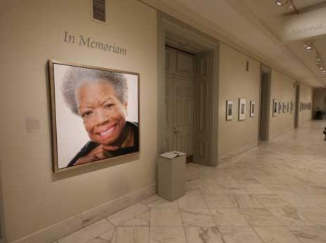 Color photo of the Ross Rossin portrait of Maya Angelou hanging in the National Portrait Gallery.