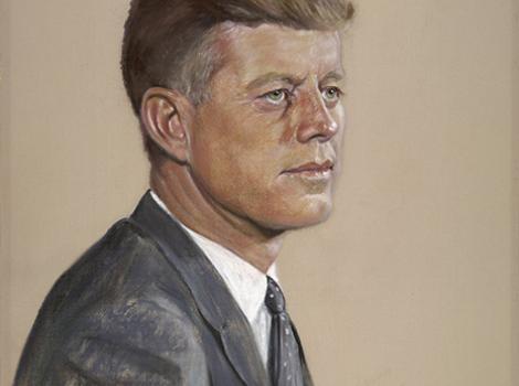 Pastel portrait of John F. Kennedy from the shoulders up on a neutral beige background.