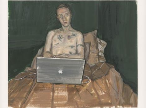 Painting of a shirtless man sitting in his bed with a laptop computer.