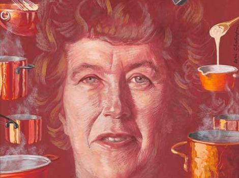 Tempera on board painting of Julia Child's head surrounding by food and cooking implements