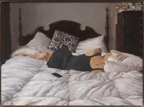 Painting of a woman in black lying on a bed, facing away from the viewer, with a white comforter in a bedroom