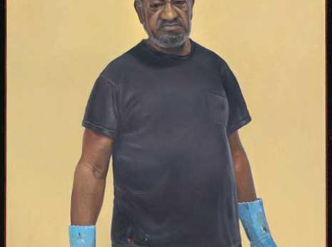 Painting of a man from the knees up, wearing blue rubber gloves and a brown cap, from front.