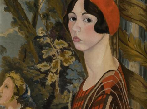 profile painting of a woman in a red hat