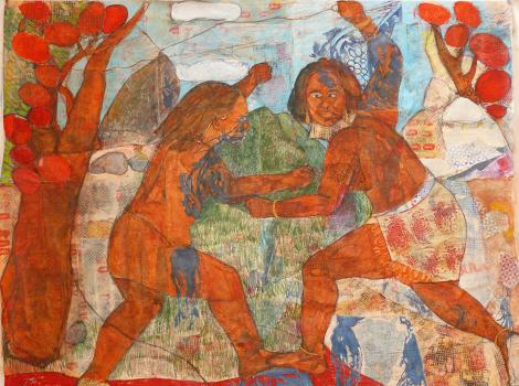 Two colorful figures engaging in a landscape