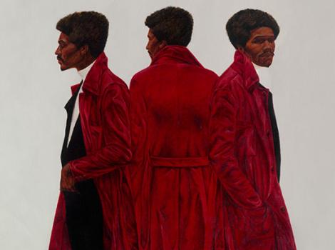 Three different views of the same man in a red coat