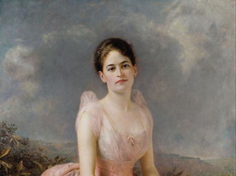 Formal painted portrait of young Juliette Gordon Low, in pink dress