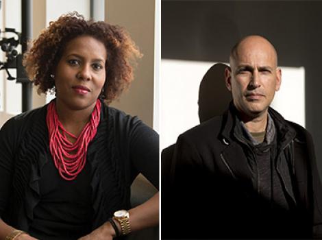 two photos, one of a Black woman in a black sweater and another of a balding man in a dark shirt