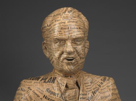 Sculpture of Richard Nixon created from newspaper strips