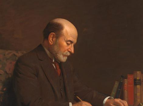 Painting of a bald man with a gray beard seated writing at a desk.