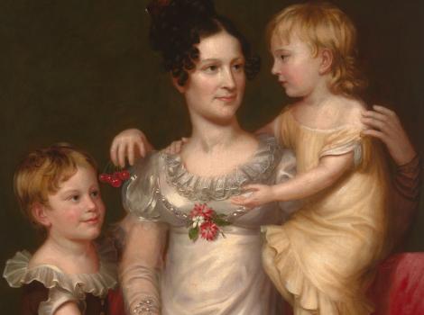 A painting of an 18th-Century woman sitting on a couch with her two young children.
