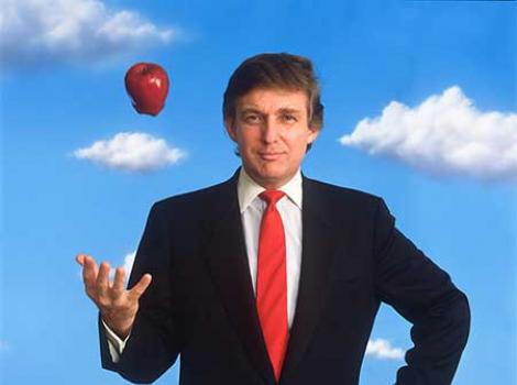 Photograph portrait of Donald Trump in a suit and tossing an apple in the air.  The background is blue sky with clouds.