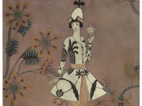 Full length portrait of a woman in Asian-inspired costume